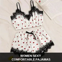 2PCS Pajama Suit Women Fashion V-Neck Stretch Satin Lace Sexy Lingerie Bowknot Pyjamas Sleep Shorts Set Sleepwear Sling Set New