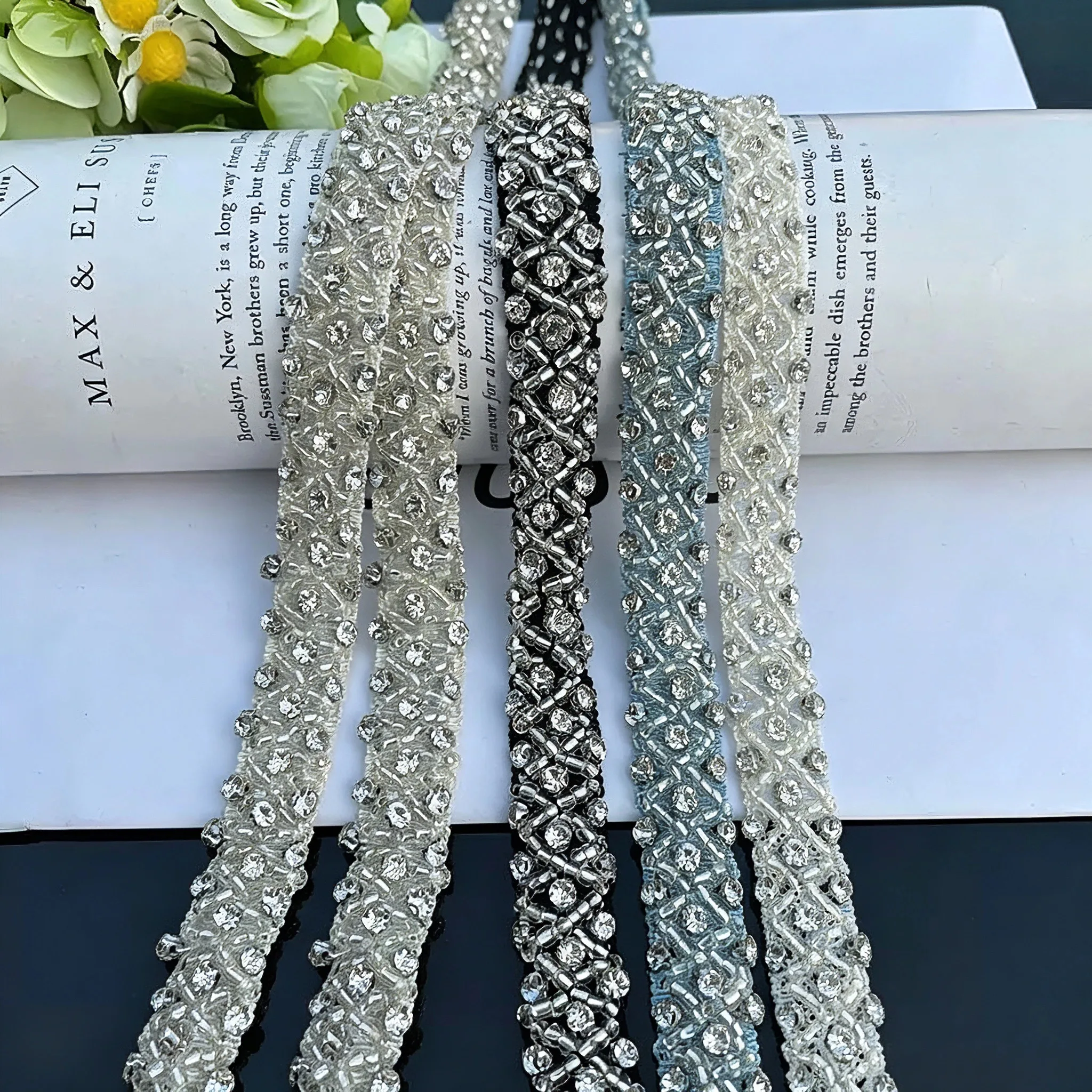 

2Yards Hand-stitched bead and rhinestone Lace Trim Handmade DIY Wedding Dress Sewing Supplies Craft Mesh Lace ribbon