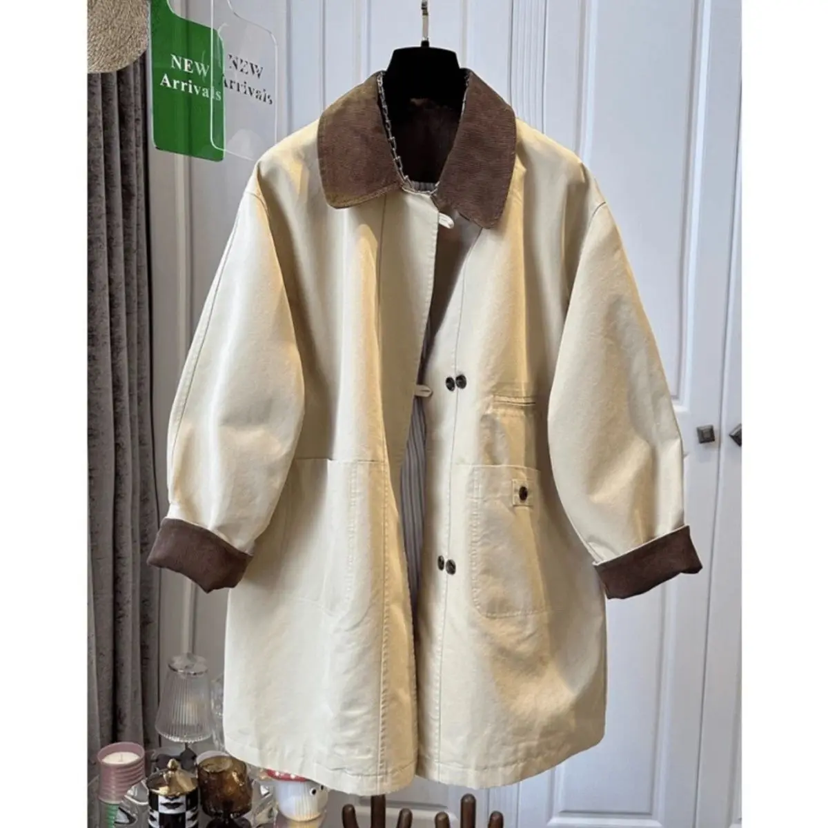 

Vintage Khaki Trench Coat Women 2025 New Lapel Color Block Oversized Petite Coat Autumn Winter Designer Loose Windbreaker Jacket