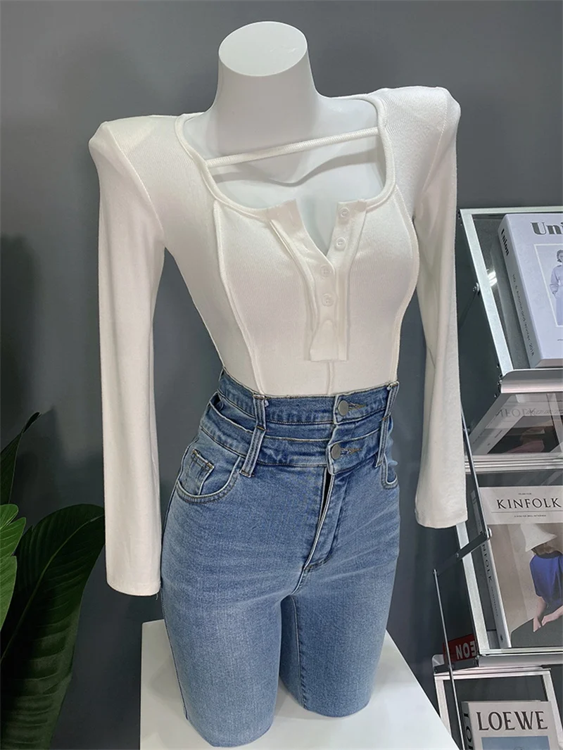 

Женская футболка с коротким рукавом на пуговицах, с U-образным вырезом, из смесового хлопка, укороченная, в корейском стиле, для повседневной носки, приталенная, в стиле кэжуал