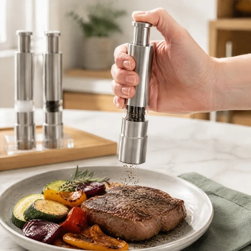 Stainless Steel Salt and Pepper Grinder Set Acrylic Base Silver Manual Pepper Grinder Convenient Portable Thumb Grinder Mill
