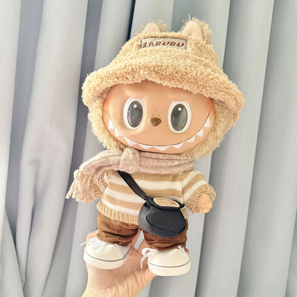 38cm Mini Doll'S Clothes Outfit Accessories For Korea Kpop Exo Labubu Idol V1 V2 Coffee White Striped Sweater Set Clothing