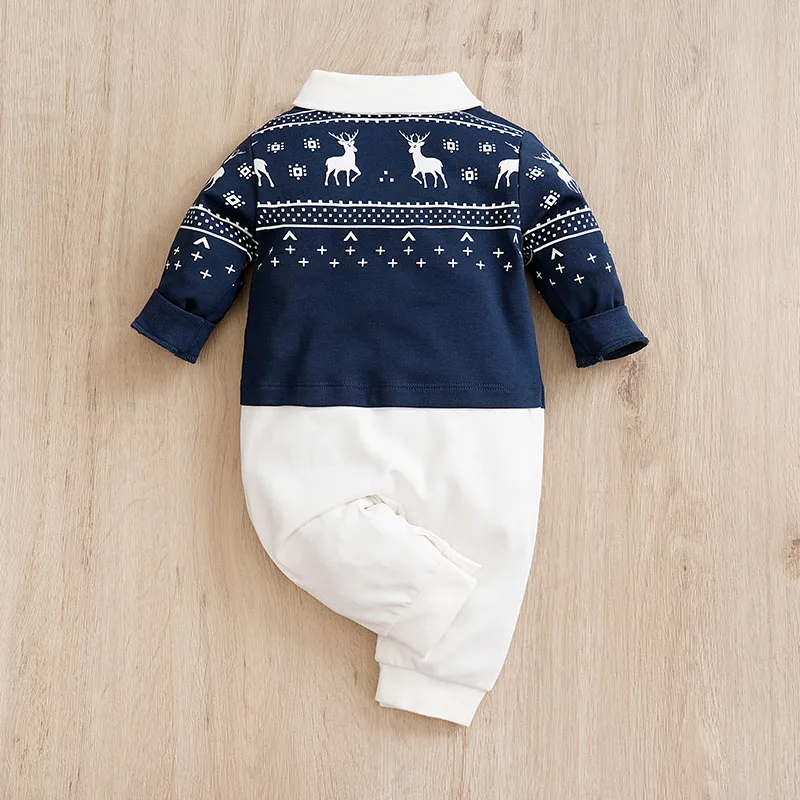 Baby Boys And Girls Newborn Leisure Elk Bow Spliced Children's Jumpsuit Cotton Spring And Autumn Long Sleeved Jumpsuit