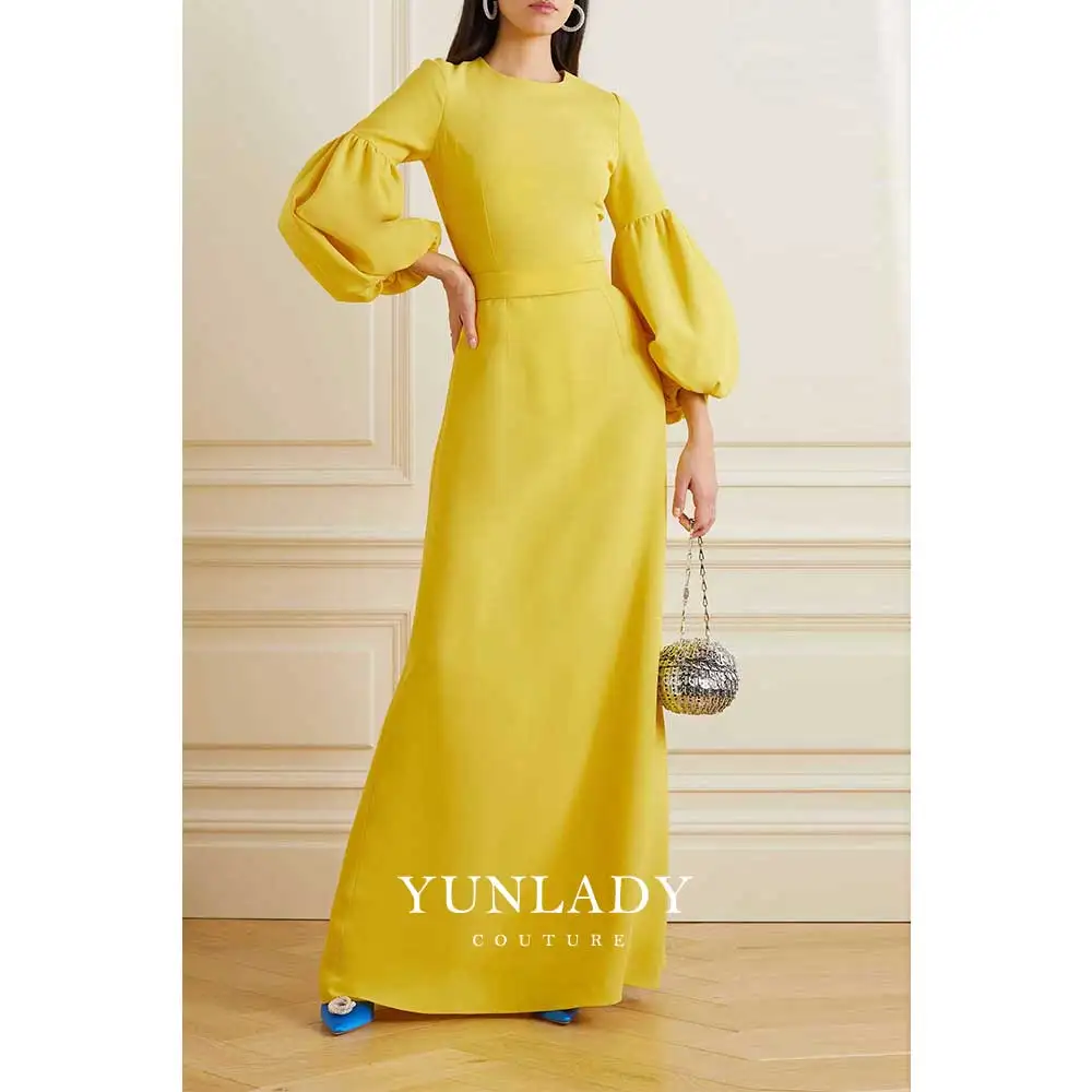 

YUNLAN Elegant Yellow Boat Neck Party Dresses Woman Lantern Sleeves Evening Prom Dresses For Special Occasions Formal Gowns