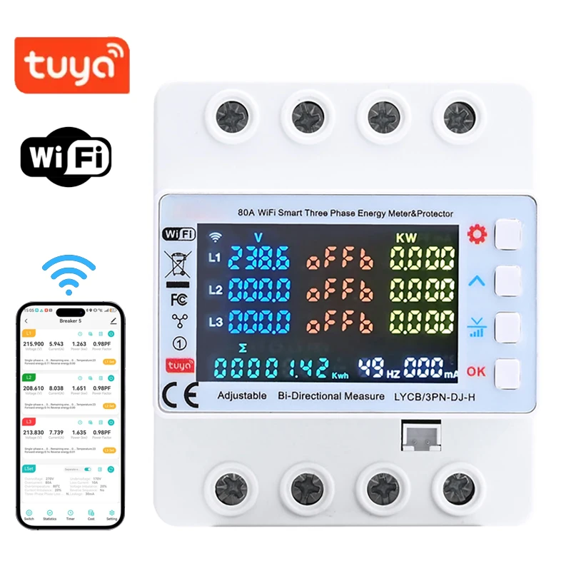 Tuya WiFi Three Phase PV Bidirectional KWH Meter Smart Overvoltage Undervoltage Protector Multifunction Electric Monitor