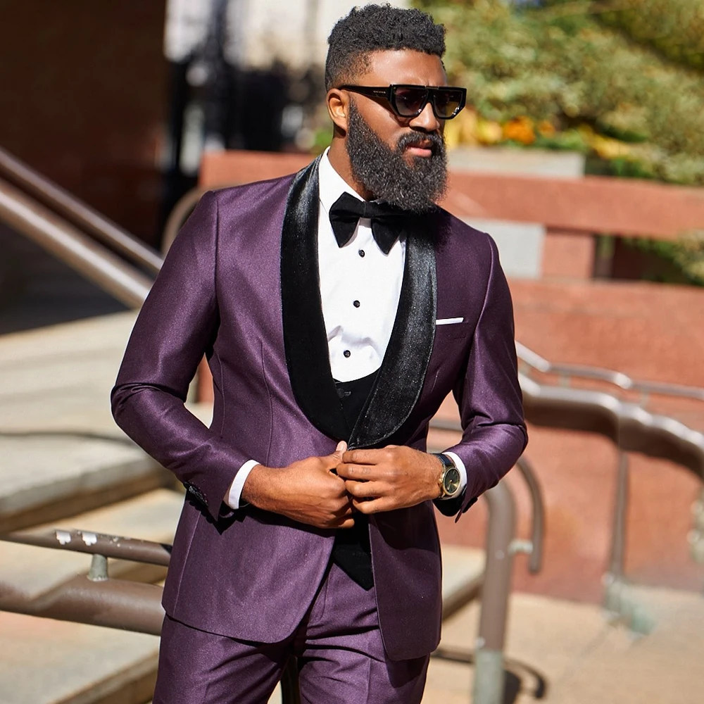 

Elegant Evening Men's Suits Purple Jacket Pants With Black Velvet Vest 3 Piece High Quality One-Button Shawl Lapel Outfits