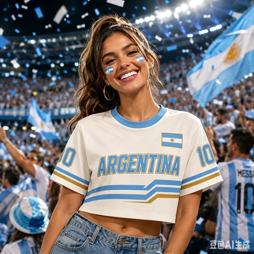 2026 New Argentina Soccer Crop Top Jersey Bachelorette Football Fan Tee Women's Fanwear Short Sleeve Team Sportswear Fan Gear
