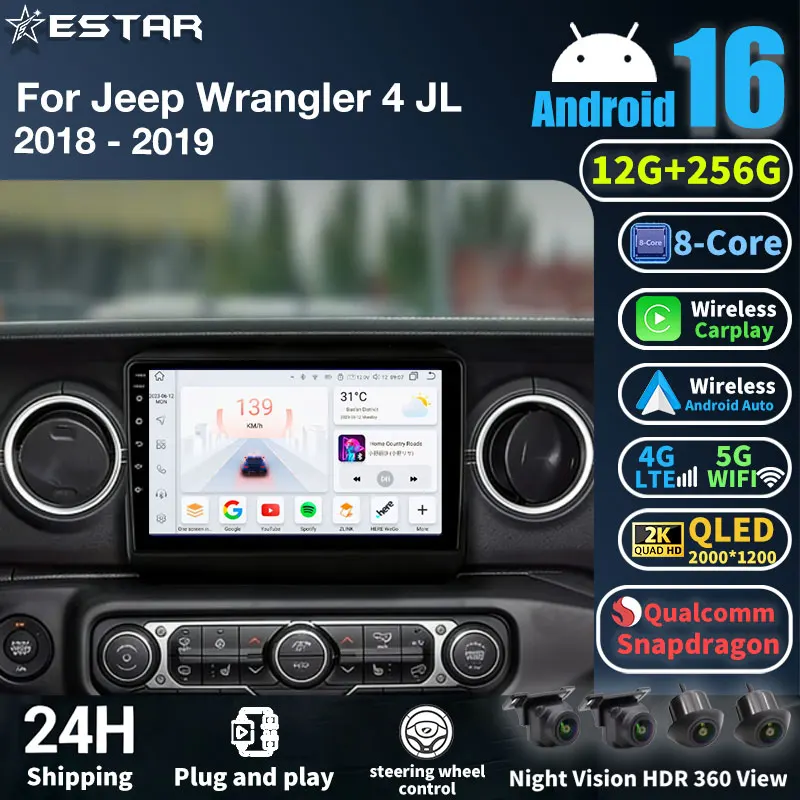 Android 16 4G LTE Wireless CarPlay Android Auto Car Radio For JEEP Wrangler JL 2018 2019 2020 2021 GPS Navi BT DSP RDS FM