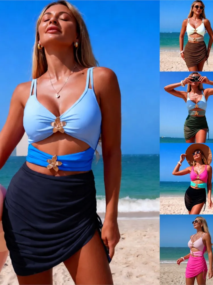 New High Waist Sexy Swimsuit Women Summer Bathing Suit Bikini Set Sleeveless Swimwear Cover Ups Beach Swimming Suit For Female