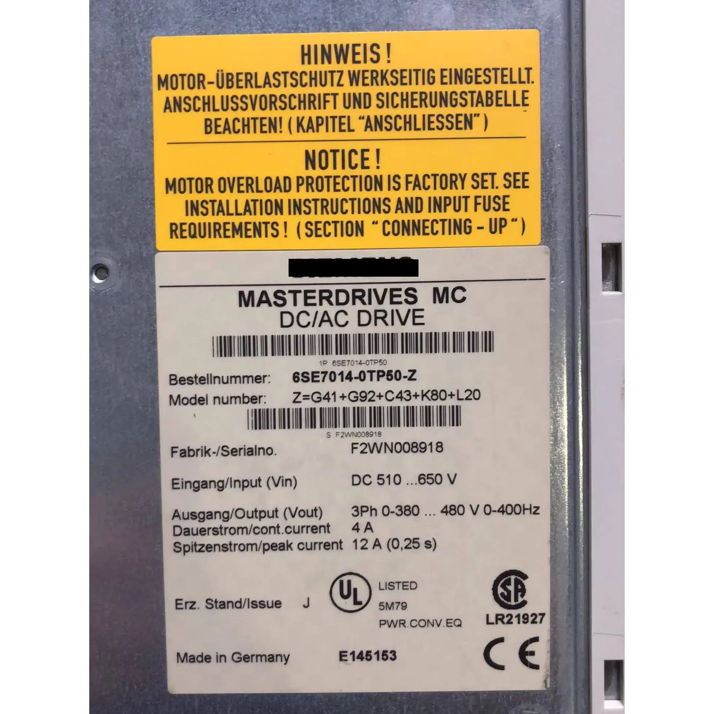 Servoazionamento 6SE7014-0TP50-Z Con garanzia