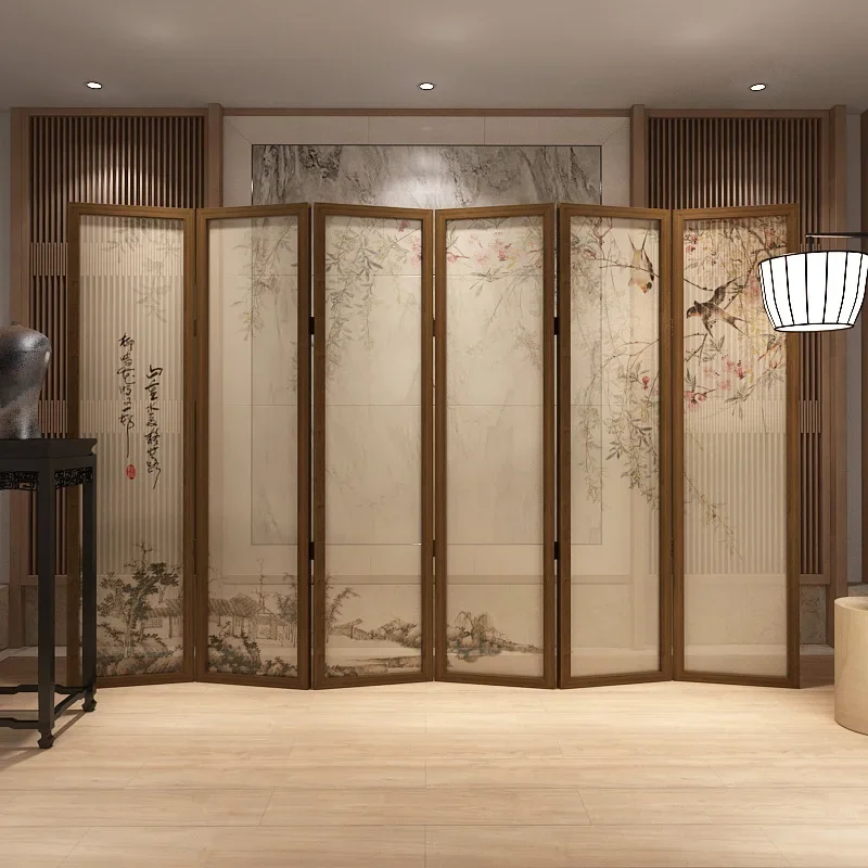 Neoclassical screen partition Chinese living room mobile home folding blocking tea room decoration office flower and bird foldin