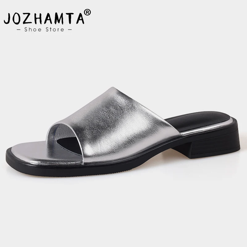 JOZHAMTA Size 34-39 Slides Sandals Women Summer 2023 Mid Heels Shoes Woman Chunky Slippers Genuine Leather Casual Beach Mules