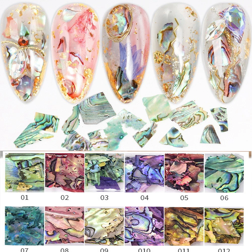 1 caixa irregular mudança de cor fatia de abalone concha do mar natural fragmento de pedra prego paillette decoração diy acessórios de manicure