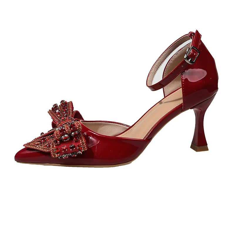 

7cm Low Heel Ladies Pumps Red Pionted Toe Rhinestone Bow High Heels White Summer Shoes Black Office Shoes For Woman Elegant