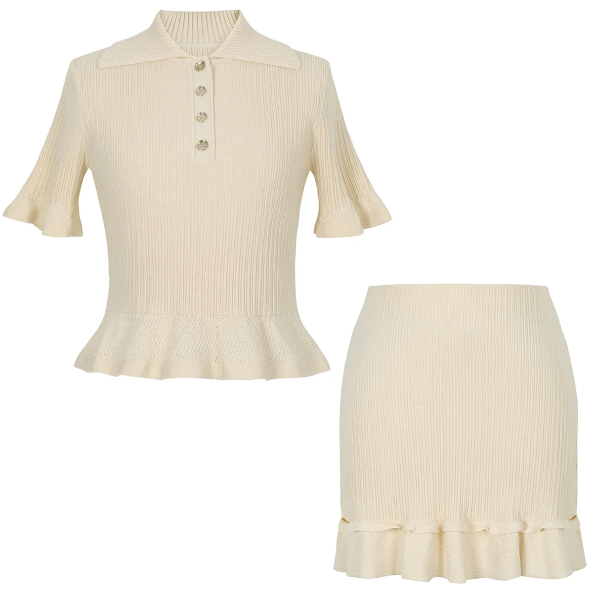 

Summer New Fashion Temperament Commuting Socialite Style Slim Fit Lapel Short Sleeved Ruffle Edge Knitted T-Shirt Top+Skirt Set