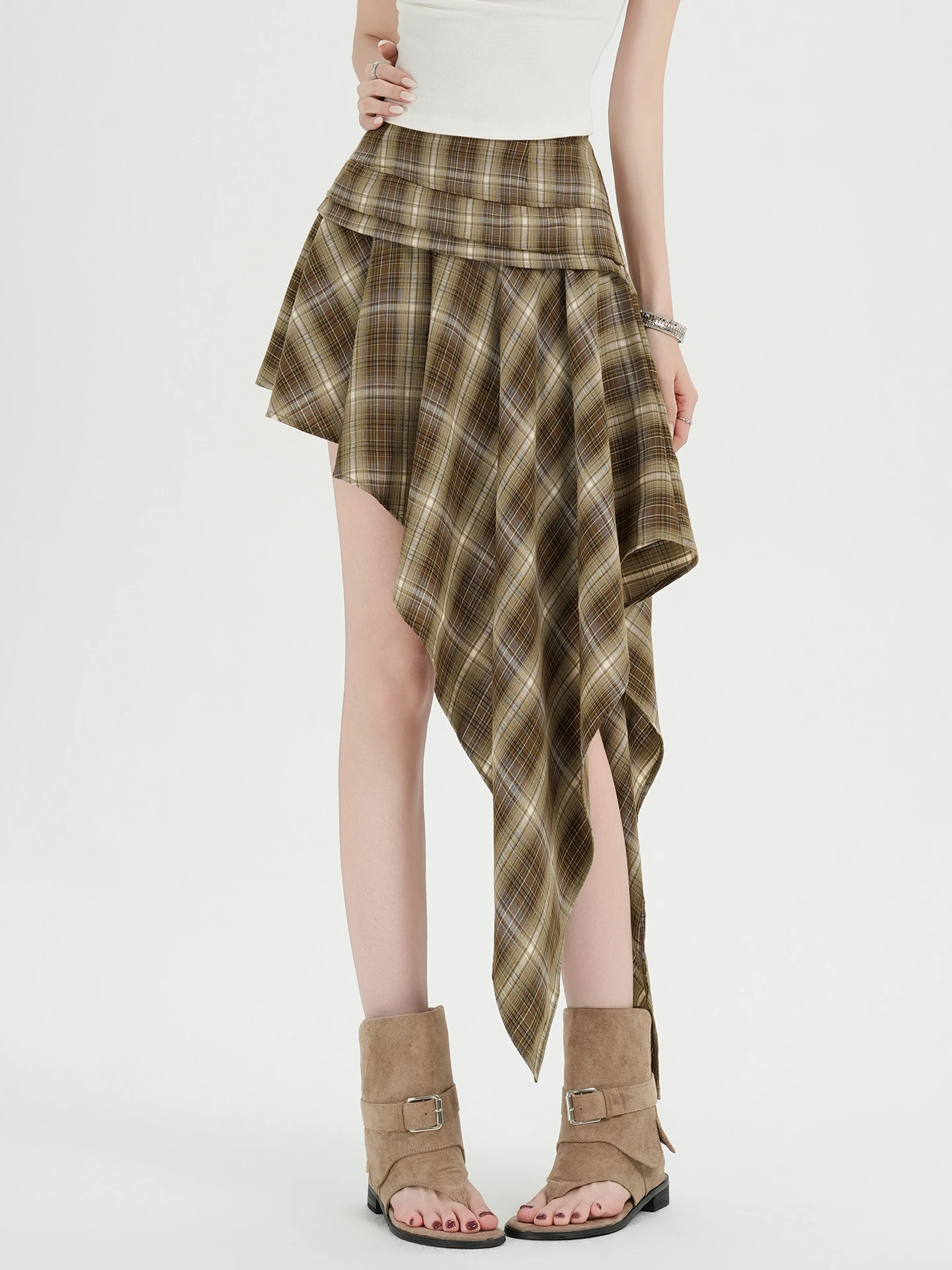Retro American Plaid Asymmetrical High Waist  Skirt Women Summer Slimming A-Line Short Skirt with Pleats for Young Ladies