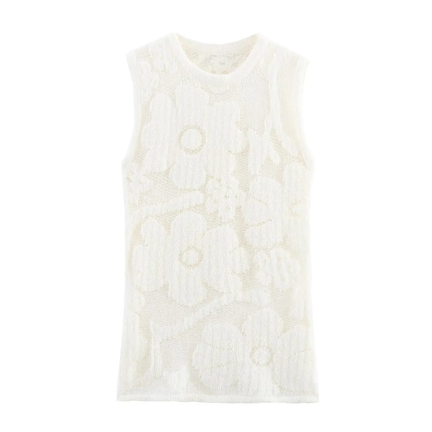 Top de Malha Estampado F Primavera Nova Moda E em Fibra de Poliéster com Decote Redondo Sem Mangas Casual
