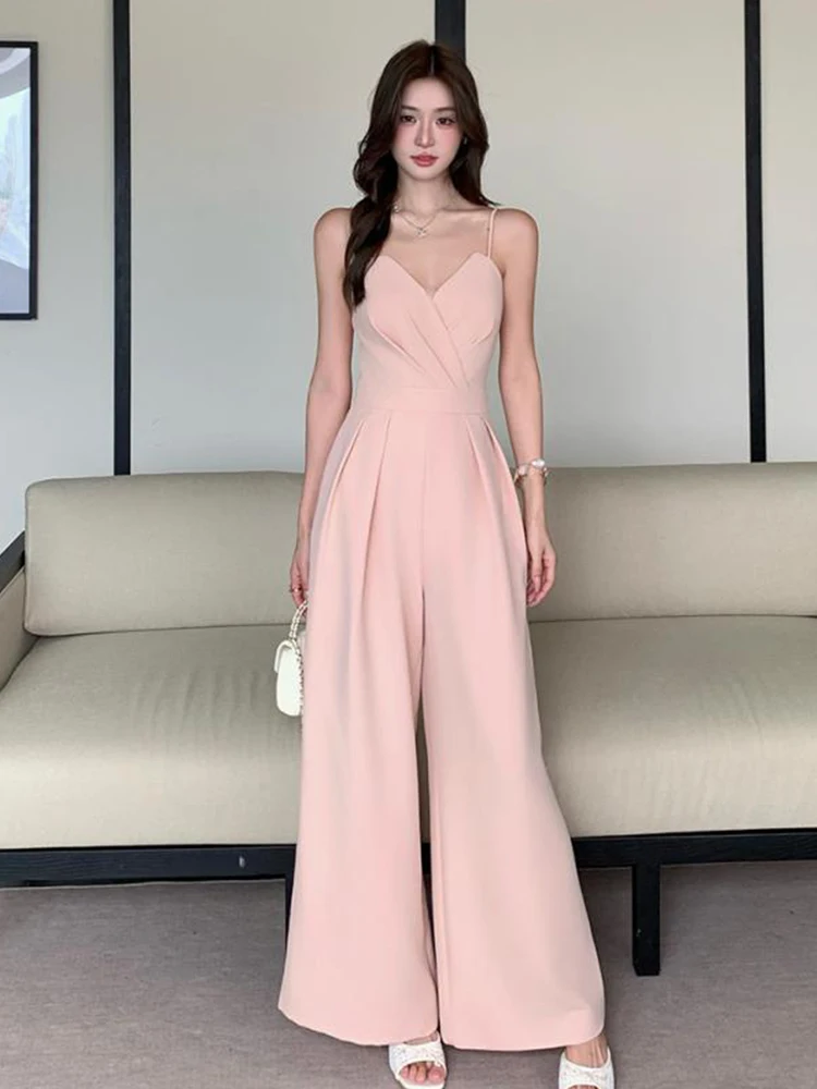 

Summer Women Elegant Solid Sexy Strap Jumpsuit V Neck High Waist Slim Wide Leg Loose Long Pants Formal Office Party Romper Daily