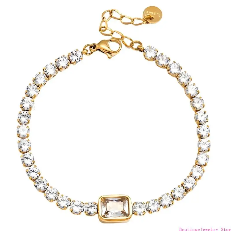 E1PE Adjustable Square Zircon Bracelet Stainless Steel Lock Chain Stackable Jewelry For Casual Or Formal Outfits