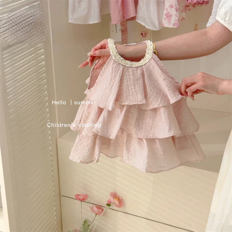 Girls Casual Dresses Summer New Children Clothing Sweet Vest Baby Cake 2024 Round Collar Fashion Soild Sweet Pink - Image 2