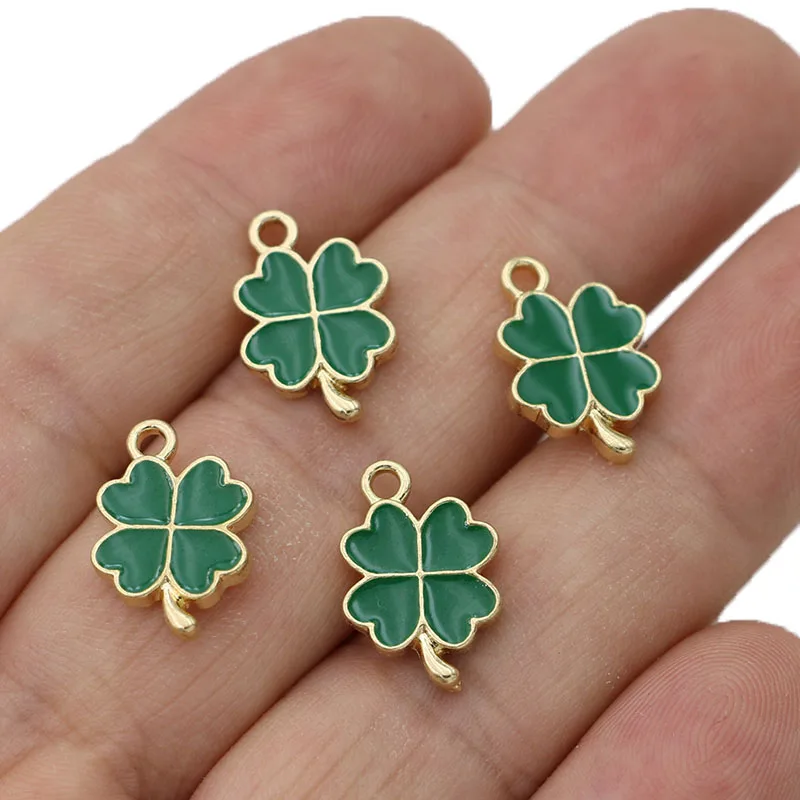 10pcs Gold Plated Green Lucky Enamel Clover Flower Charm for Jewelry Making Necklace Handmade Bracelet Accessories DIY