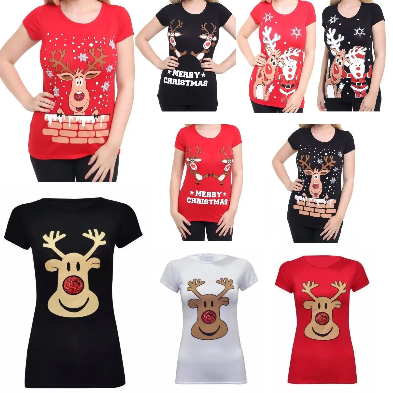 Christmas Dancing Rudolph Santa Reindeer T-Shirt 100% Cotton O-Neck Short Sleeve Summer Casual Womens T-shirt Xmas Streetwear