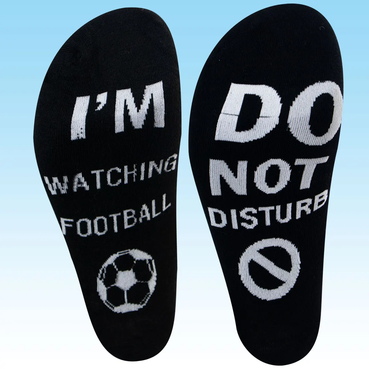 1 pair of new sports socks with letters on the soles of the feet. I want to watch the game. Don't disturb me