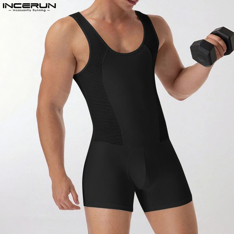 INCERUN Men Bodysuits Mesh Patchwork O-neck Sleeveless Rompers Men Playsuits Sexy 2025 See Through Fashion Casual Male Bodysuit