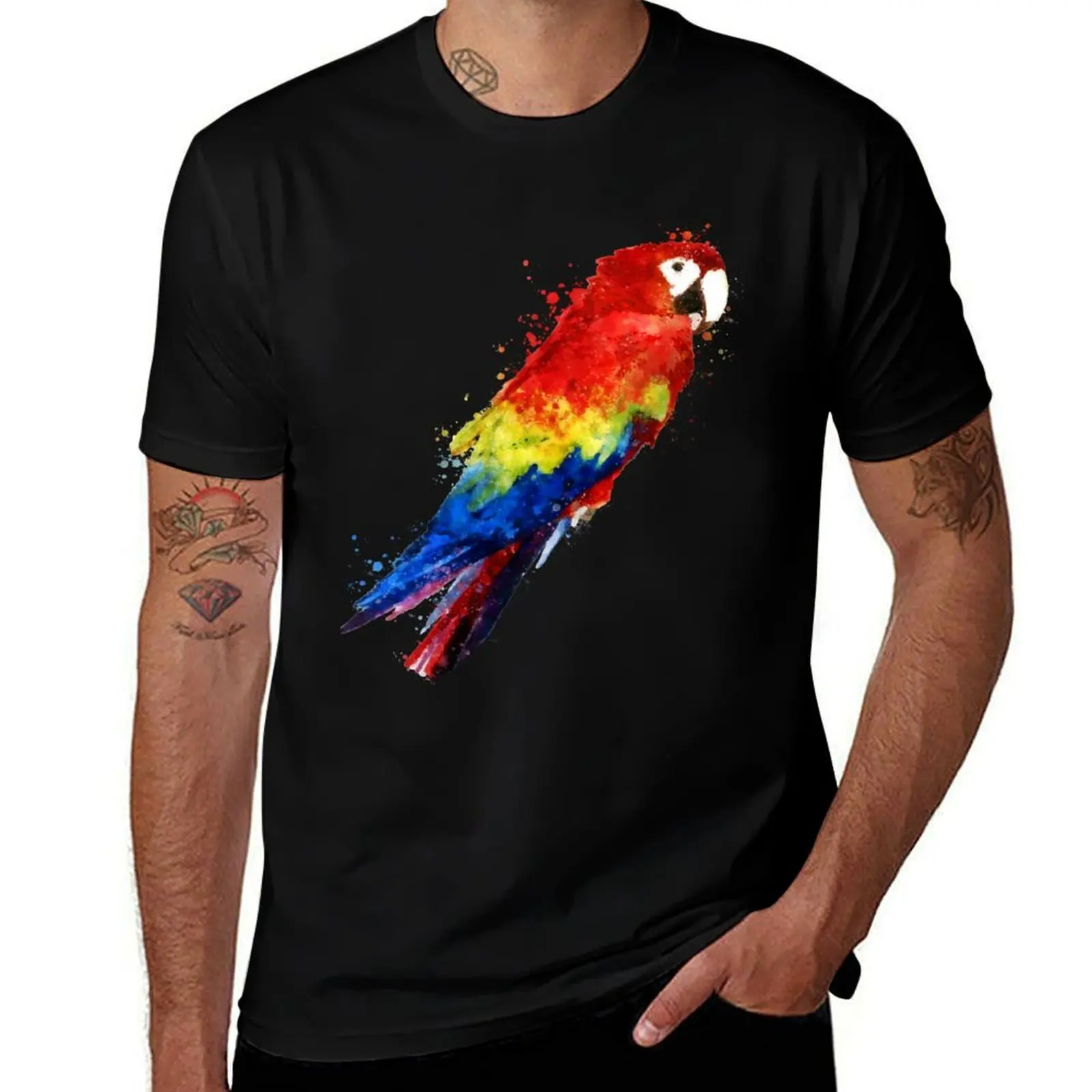 Dramabite Watercolour scarlet macaw parrot T-Shirt Athletic Fit Sports Short Sleeve Top T-Shirt