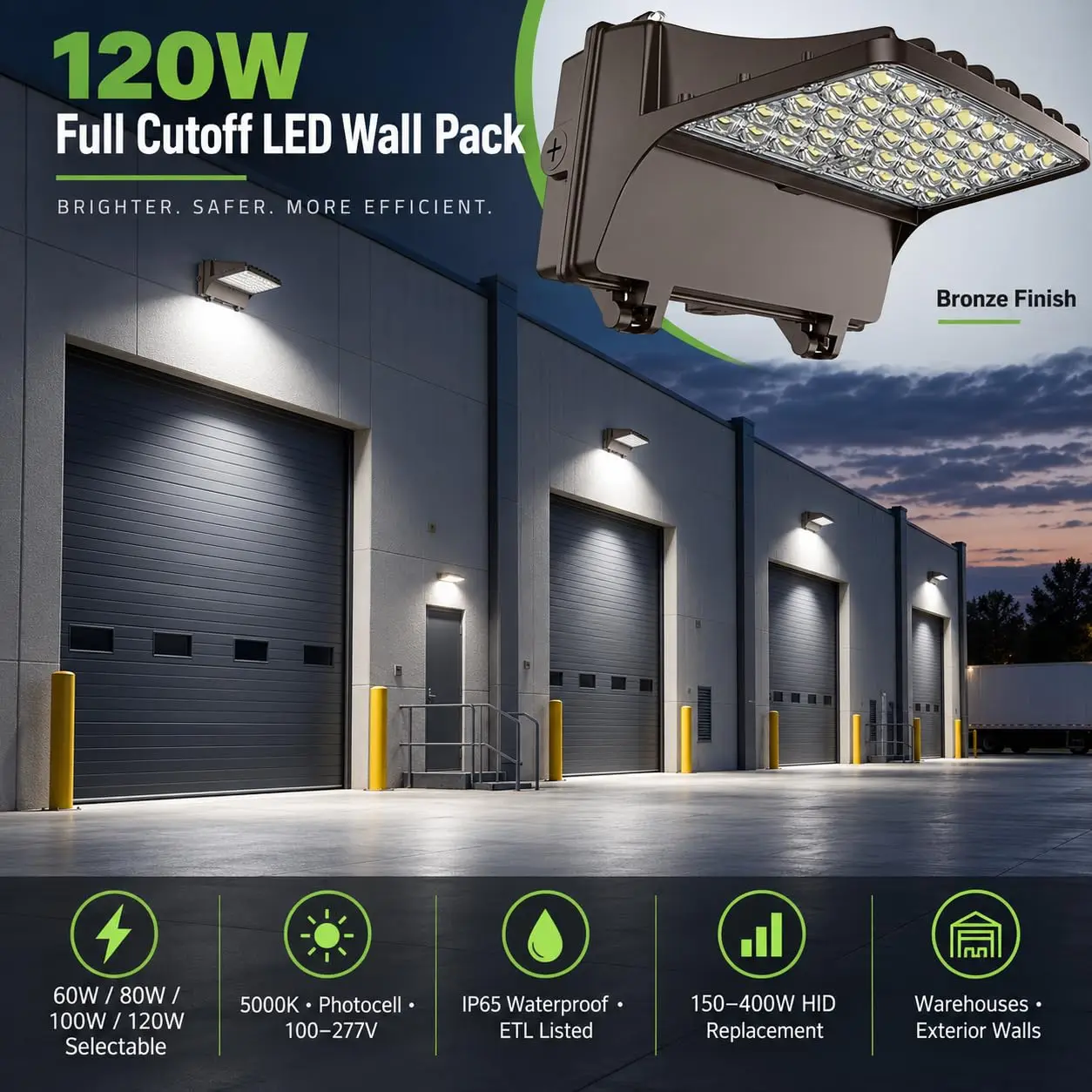 120W Full Cutoff LED Wall Pack 5000K Photocell Wattage Selectable, Customized