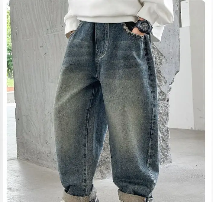 Boys Jeans For Spring Kids Clothes Fashion Elastic Waist Back Pockets Letters Print Boy Denim Wide Leg Pants Teenager Clothing