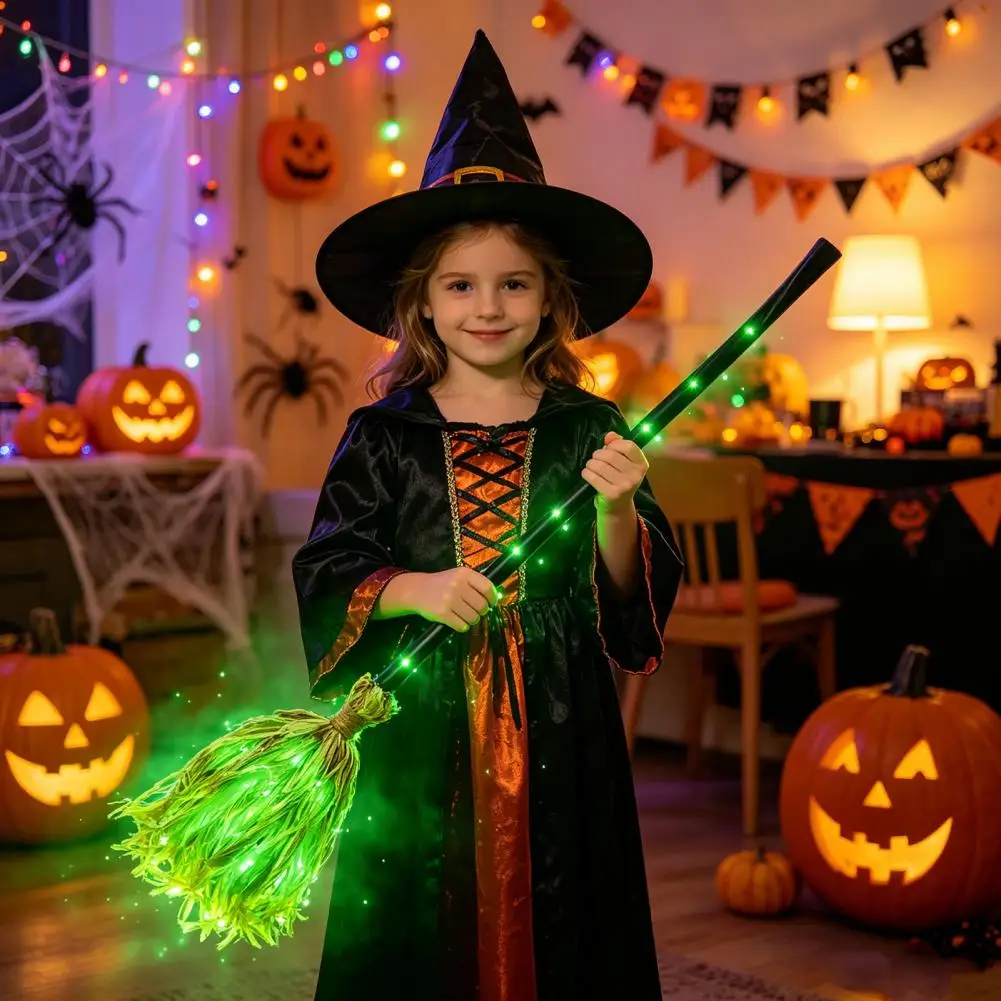 Witch Broom for Halloween Halloween Witch Broom with Green Led Light Glowing Cosplay Broomstick Themed Party Costume Prop Indoor