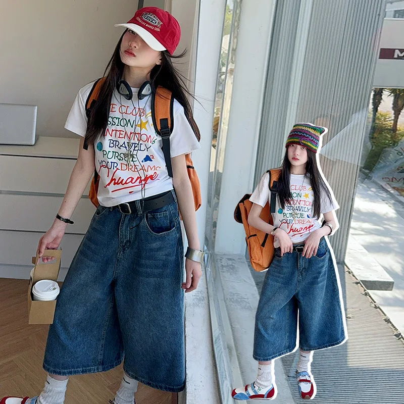 

Летние джинсовые шорты для девочек-подростков, хлопковая футболка с надписью, штаны до колена для маленьких детей, детская одежда, одежда для девочек 4-6-7-14, одежда для девочек