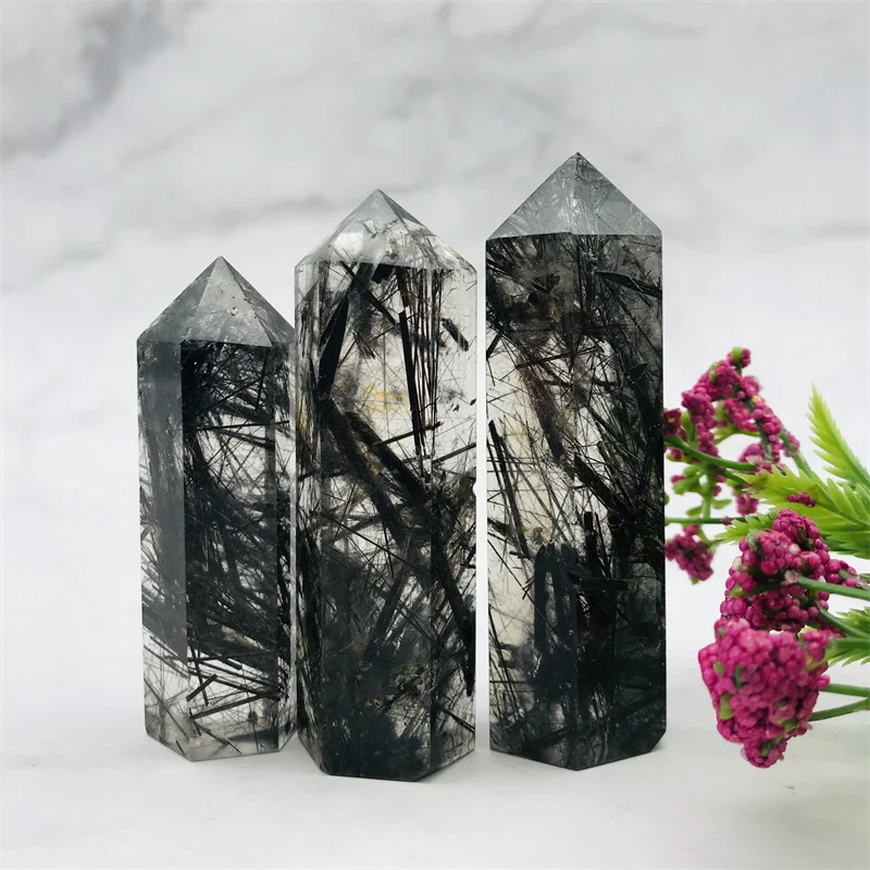 Wholesale Hot sale high quality Natural Crystal wand black hair quartz wands point prism for home decoration and sale