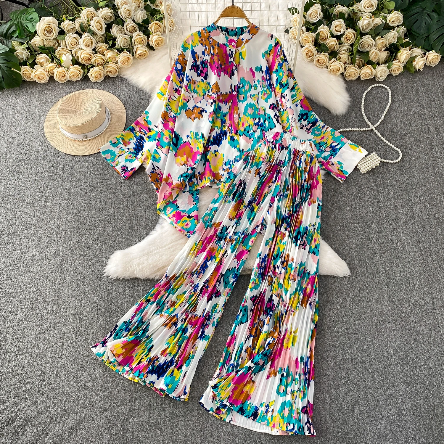 

SuperAen, осенние новые свободные асимметричные рубашки с круглым вырезом и принтом в стиле ретро, комплекты плиссированных широких брюк с высокой талией