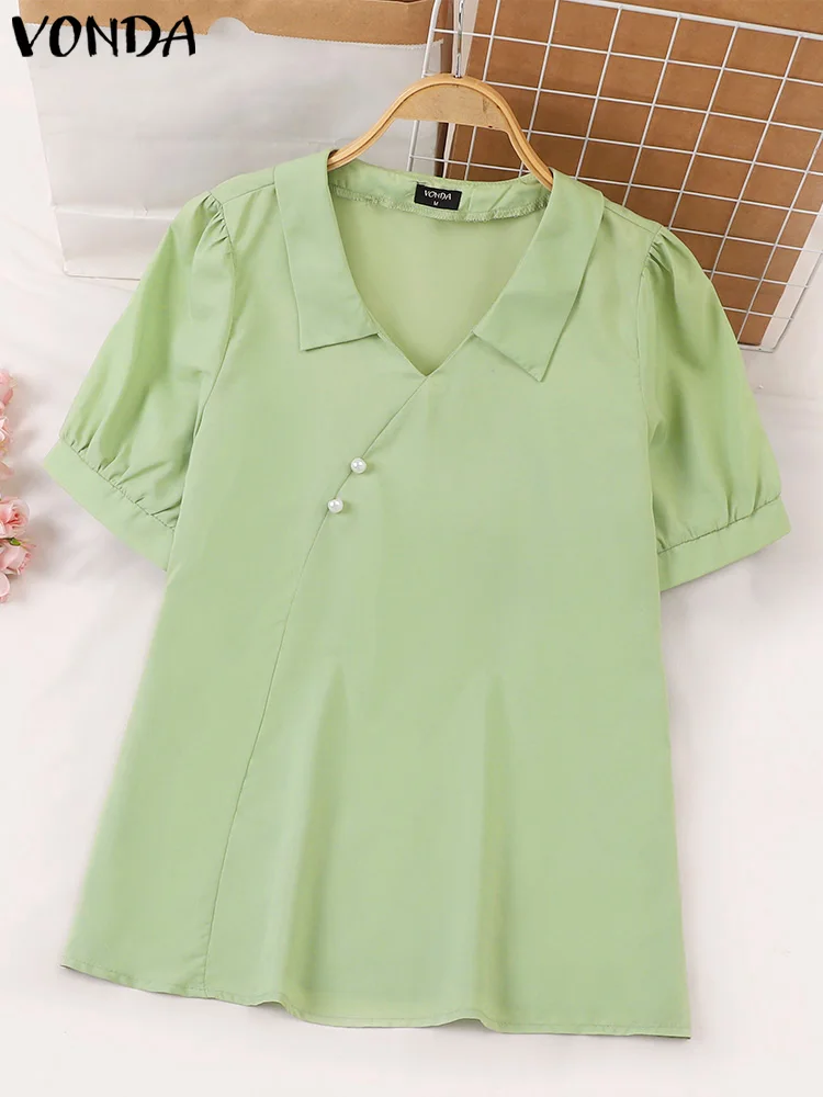 Women Summer Blouses Elegant Solid Color Shirts VONDA 2024 Short Puff Sleeve Lapel Casual Tunic Tops Fashion Blusas Femininas