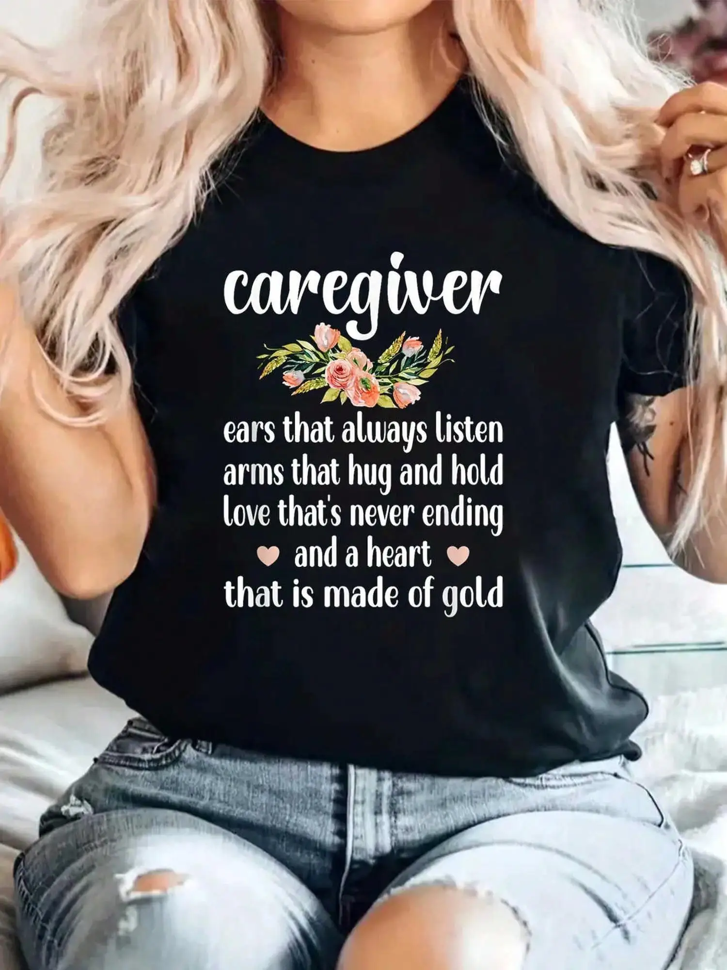 تي شيرت Caregiver Cute Definition Caregiver Best Caregiver 100%، مقاس مريح للتنفس، قميص بأكمام قصيرة ورقبة دائرية