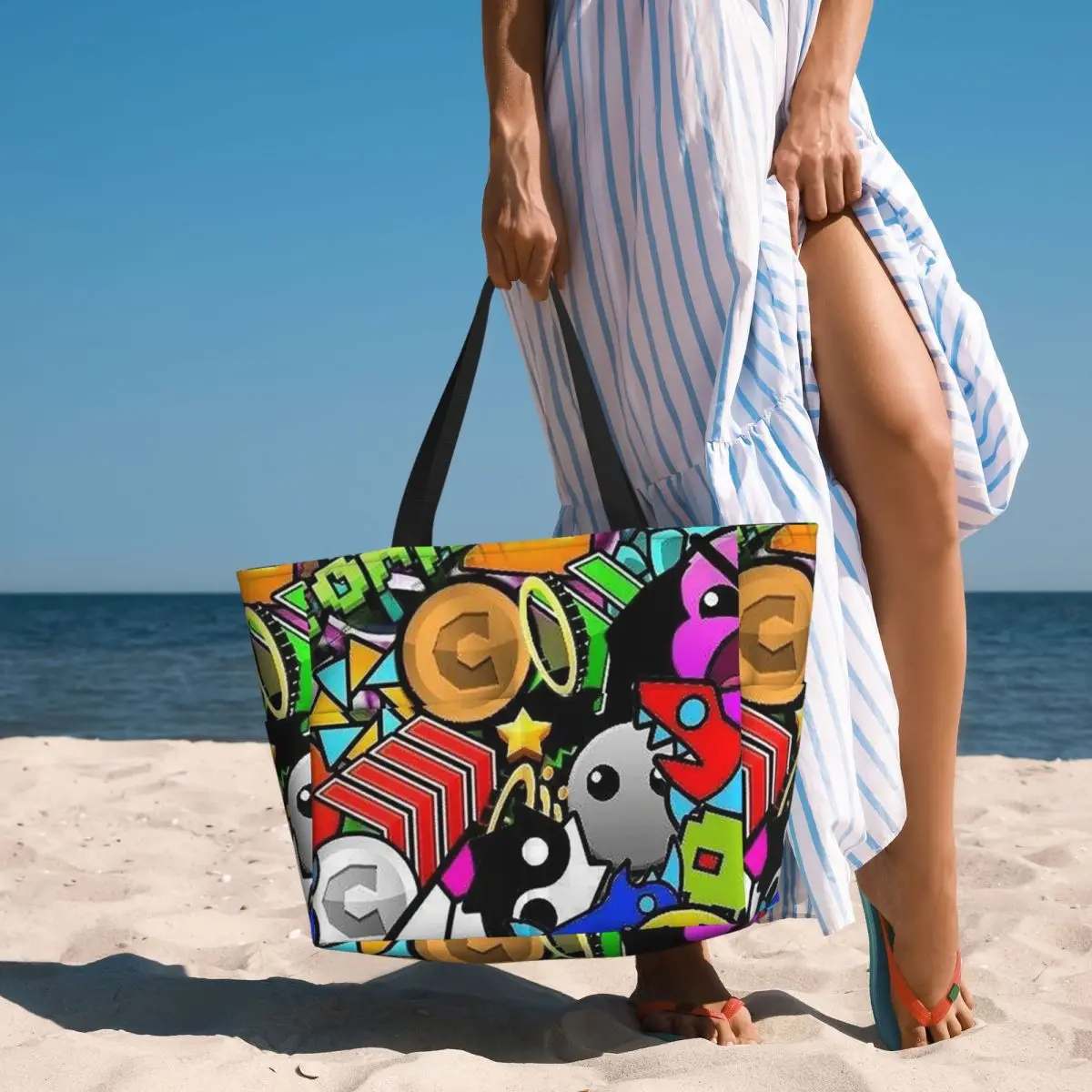 Video Game Geometry Dash Beach Tote Bag Sport Gym Yoga Duffle Large Tote Bag Women Travel Bag Fitness bag