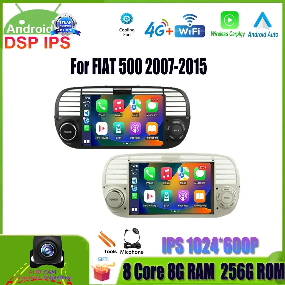 

7 Inch For FIAT 500 2007-2015 Android 14 Car Multimedia Player GPS Carplay Auto Radio RDS DSP Stereo Video Audio WIFI 4G Lte BT