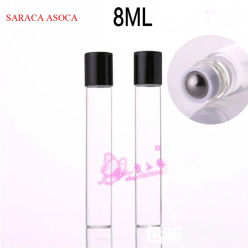 

100pcs/lot 8ml Steel Roller Transparent Clear Glass Roller Bottle Empty Ball Perfume Bottle Black Cap