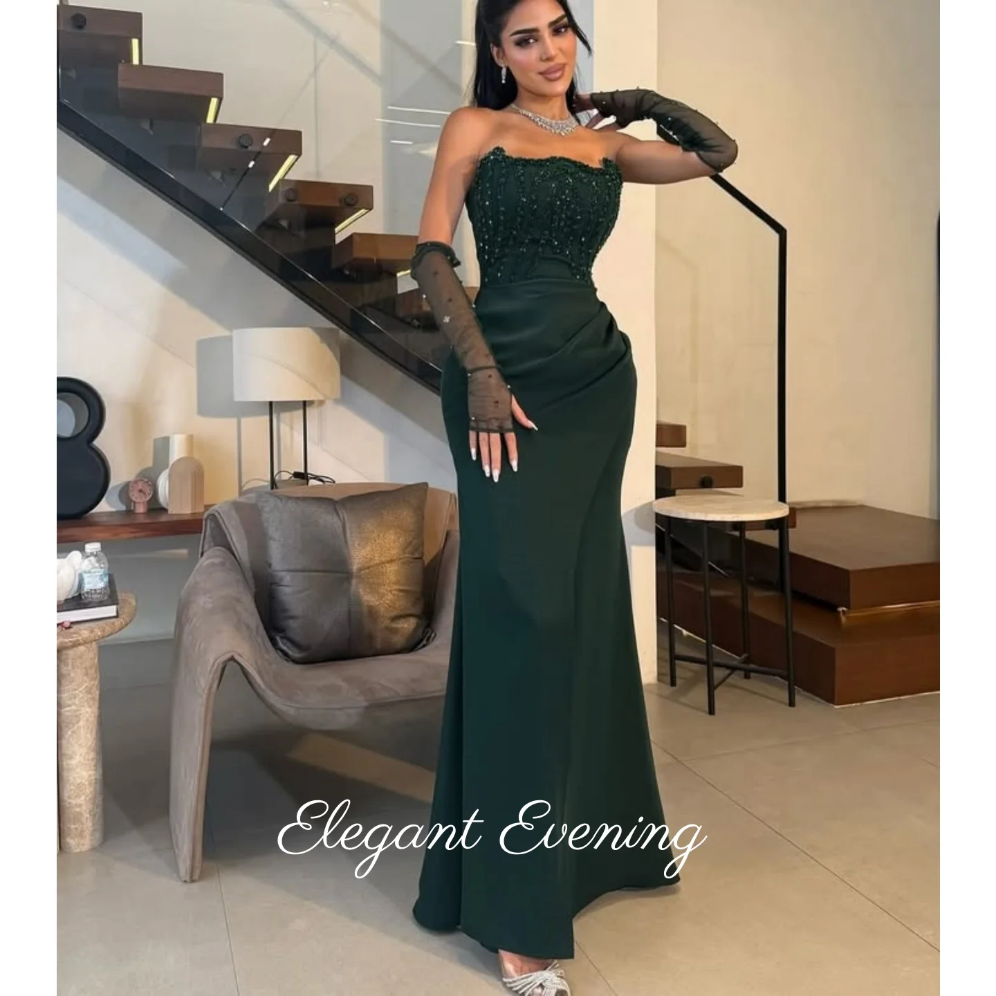 

Green Sparkly Evening Dresses with Overskirt Elegant Strapless Mermaid Wine Dubai Wedding Dresses Prom Gown Customized 2026