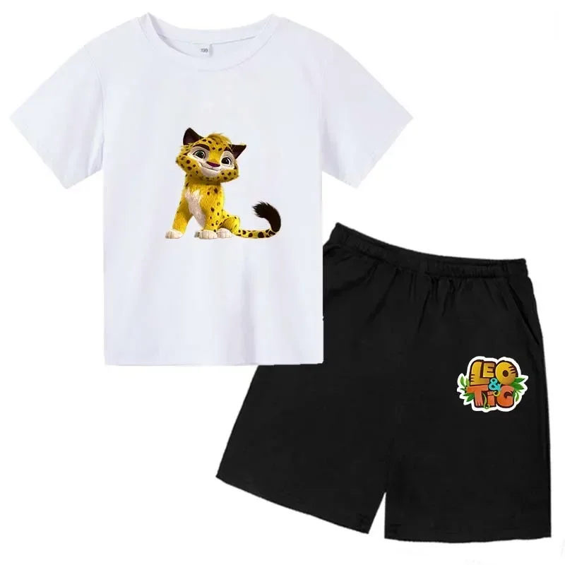 Dzieci Leo & Tig nadruk Anime lato na co dzień 2 szt. Szorty rękaw t-shirty tee + spodnie zestawy 3-14 lat chłopcy dziewczęce stroje modne ubrania