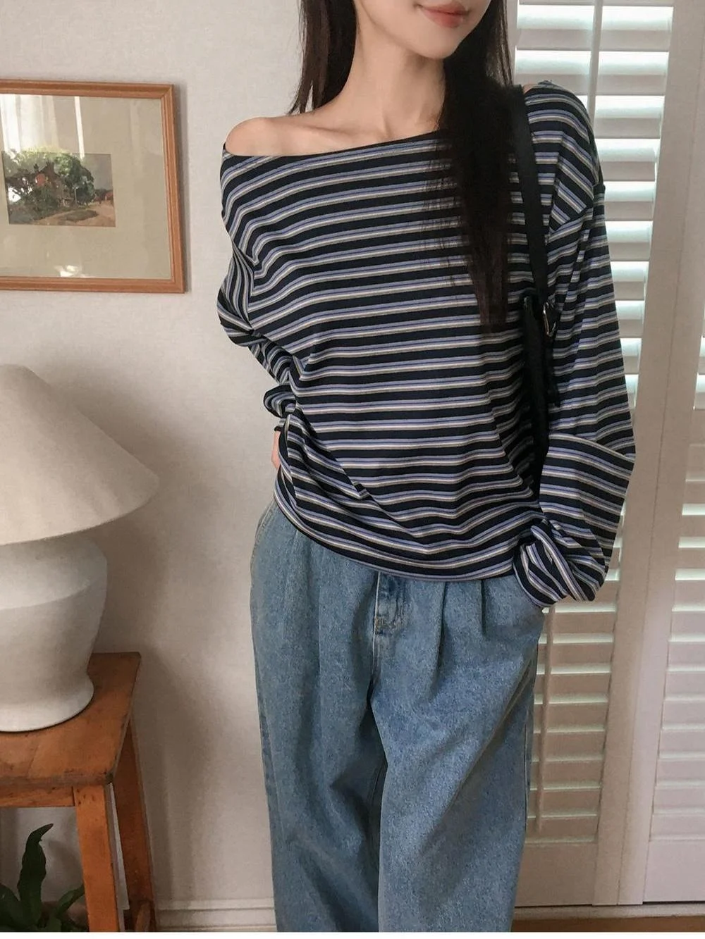 

Женская свободная футболка с открытыми плечами в полоску, длинный рукав, удобная, универсальная, из мягкого хлопка, в ретро-стиле, цветной блок, топ