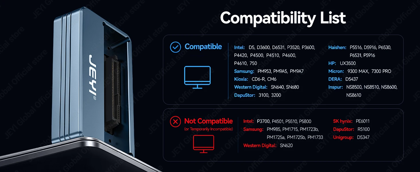 JEYI U.2/U.3 Laufwerksdockingstation NVMe/SATA Dual-Protokoll für 2,5"/3,5" HDD/SSD SFF-8639 Externer Leser mit Lese-/Schreibschutz – Detail 7
