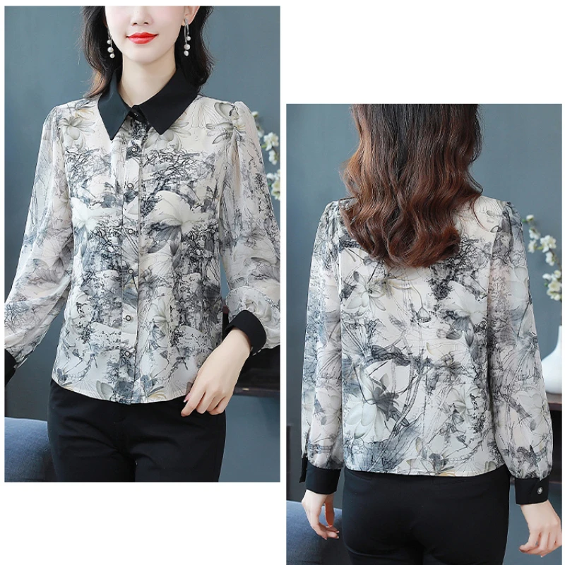 2024 Autumn Women\'s Fashion Casual Versatile Long Sleeve Printed Temperament Design Shirt Splicing Elegant Bottom Small Shirt