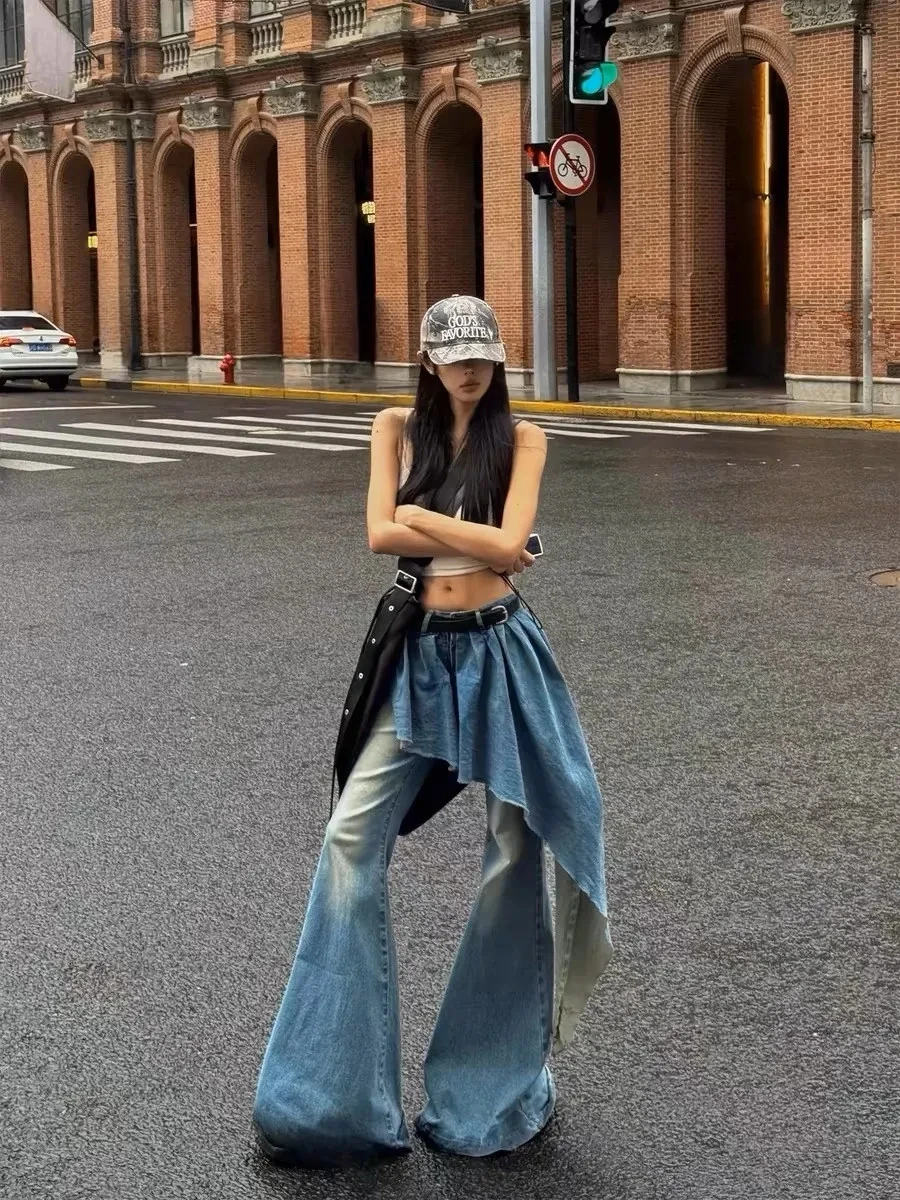 Irregular Splicing Flare Jeans Women Ribbon Design Vintage Washed Blue Slim Casual Asymmetric Trailing Skirt Y2k Trousers