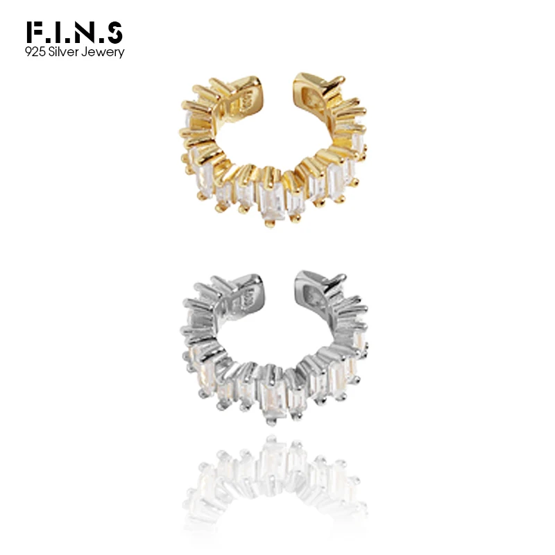 F.I.N.S 1pc Korean Fashion Design Sugar Cube Sterling Silver Ear Clip without Piercing Misplaced Shiny Zircon Catilage Earrings