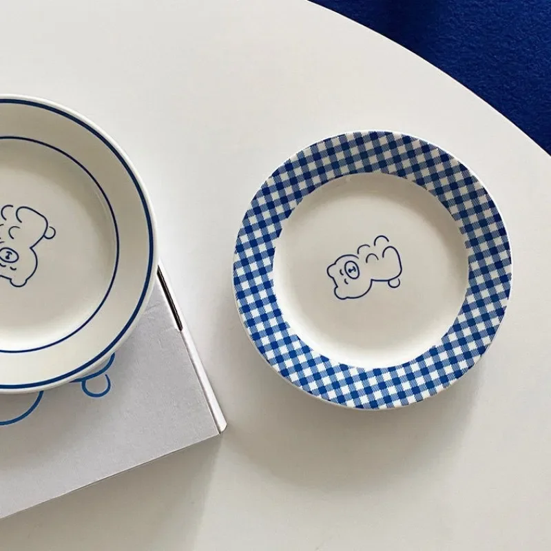 

Korean INS French Vintage Cloth Pattern Cute Little Bear Dessert Plate Fruit Cereals Breakfast Girl Heart