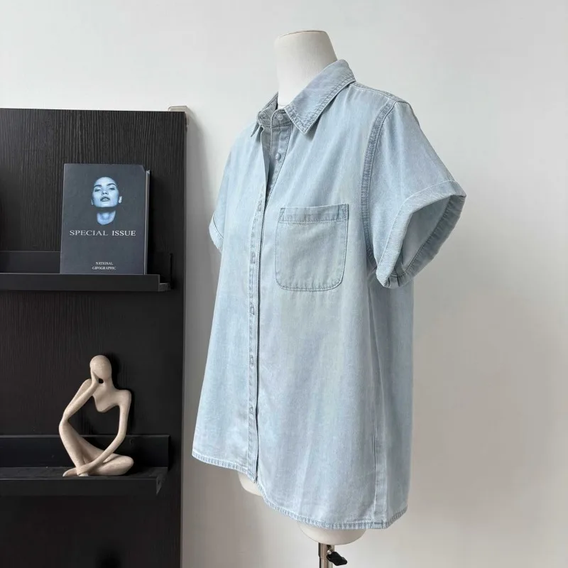 เสื้อเชิ้ตแขนสั้นสีฟ้าอ่อนสไตล์เรโทรสำหรับผู้หญิง ดีไซน์เฉพาะตัว ใช้งานได้หลากหลาย สไตล์ลำลอง เสื้อคลุมคาร์ดิแกนบางเบา มีกระดุมและกระเป๋า
