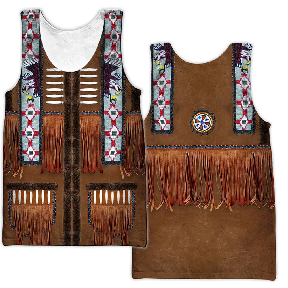 HX Fashion Mens Tank Tops Vintage Tribal Pattern Copy Leather Tassel Splicing 3D Printed Vest Tees Tops Casual Men Clothing
